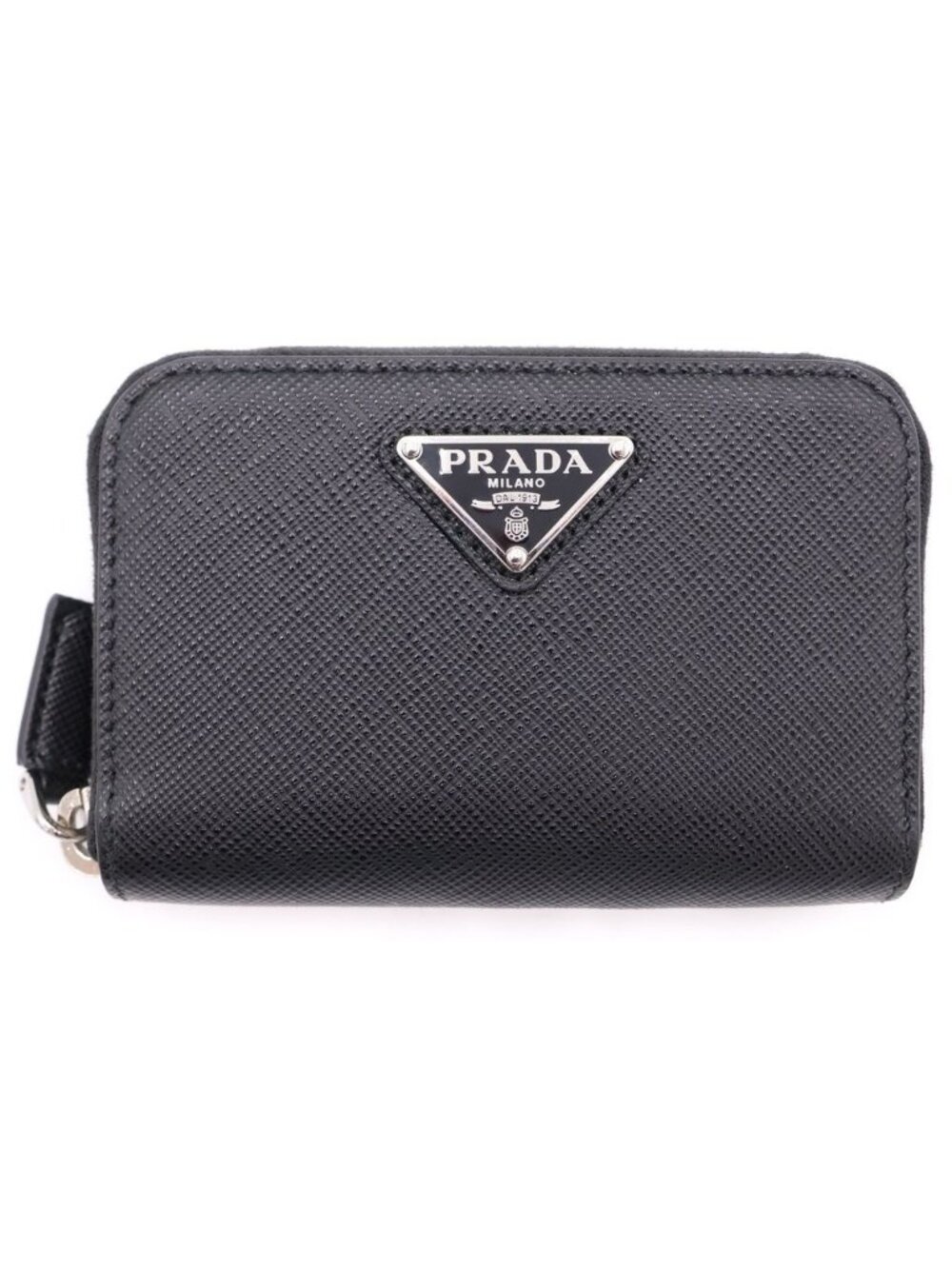 Prada Saffiano Coin Case Mini Wallet Black Leather 2 003 Silver